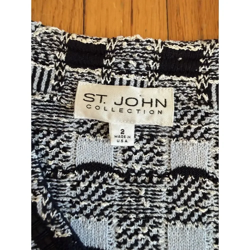 St. John Collection Sweater Womens 2 Black White Check Knit Full Zip Jacket